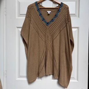 Chico's Boho Knit Poncho Sweater Beaded V Neck Batwing Cape Top S/M Layering